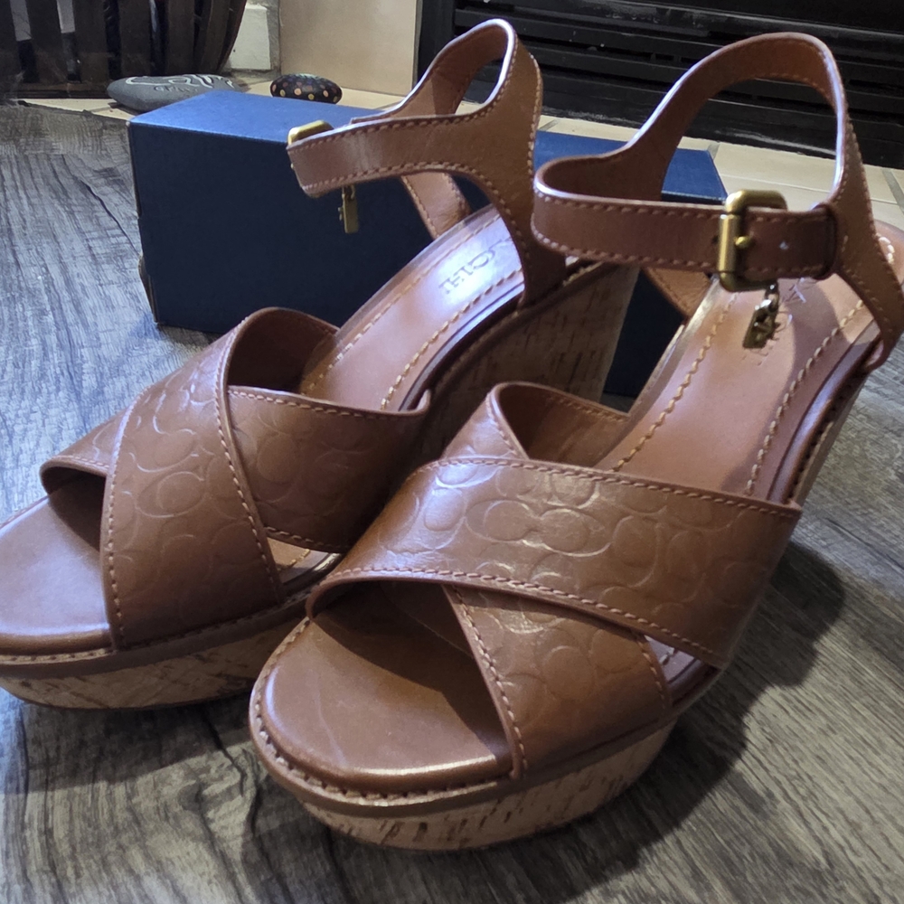 Coach Brown Embossed Leather Wedges
